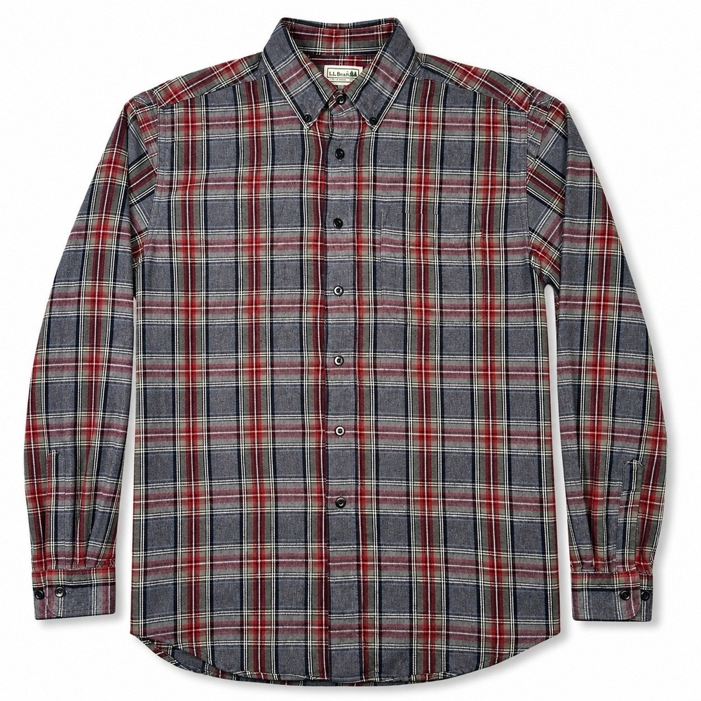 LL Bean Scotch Plaid Flannel Shirt Men's Medium Grey Stewart Tartan Cotton Fall